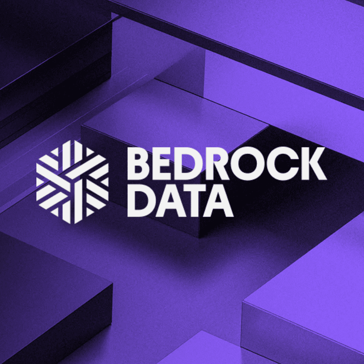 Bedrock Data logo with a white stylized hexagonal icon and text on a purple geometric background.