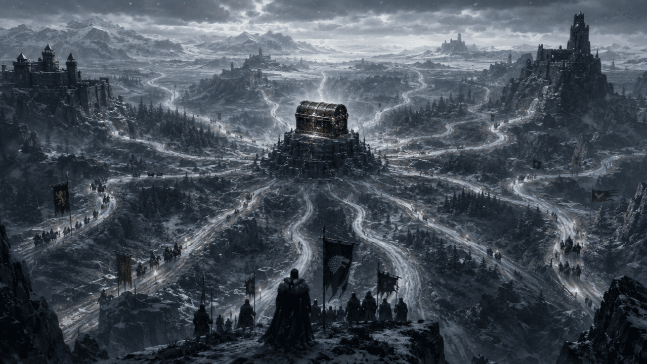 An expansive, snowy, mountainous landscape with a glowing treasure chest at its center, connected by illuminated winding paths to distant castles and marching armies.